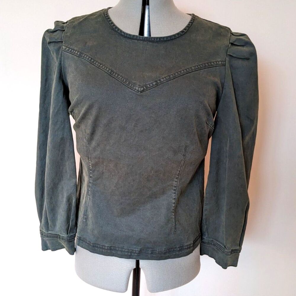 Universal Thread Green Denim Long Balloon Sleeve Victorian Vibes Top, Size M
